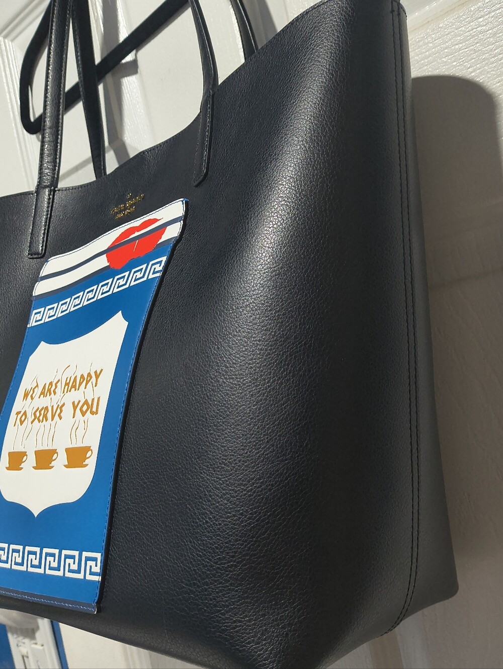 Kate Spade Coffee Break Tote We Are Happy To Serve You NYC Cup Black Leather Bag - Picture 11 of 16